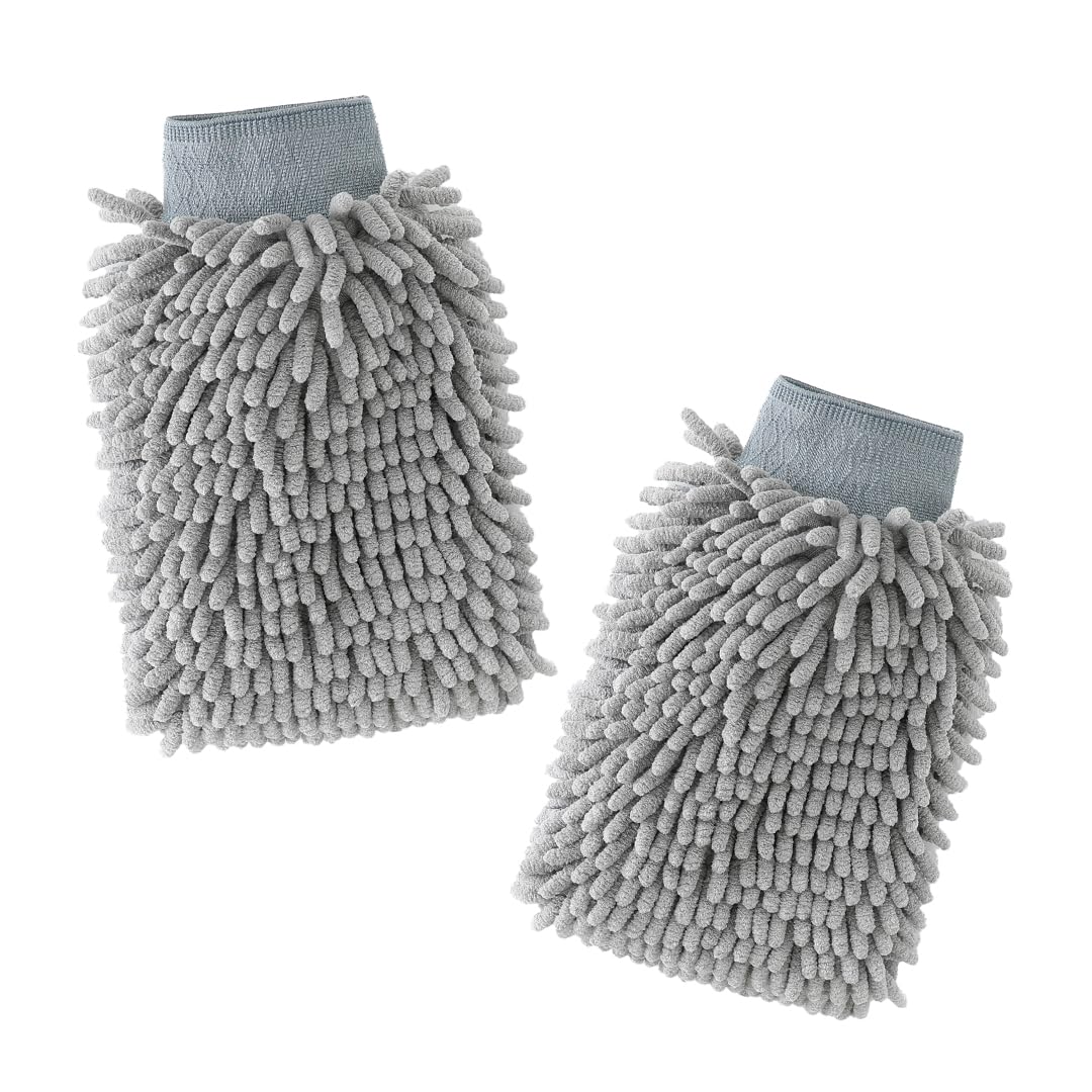 UMAI Microfiber Double-Sided Chenille Wash Mitt 1000 GSM - Super Soft, Ultra-Absorbent, Multipurpose and Double Sided Dusting Gloves for Home Cleaning | Car Cleaning, Windows and Kitchen (Grey)