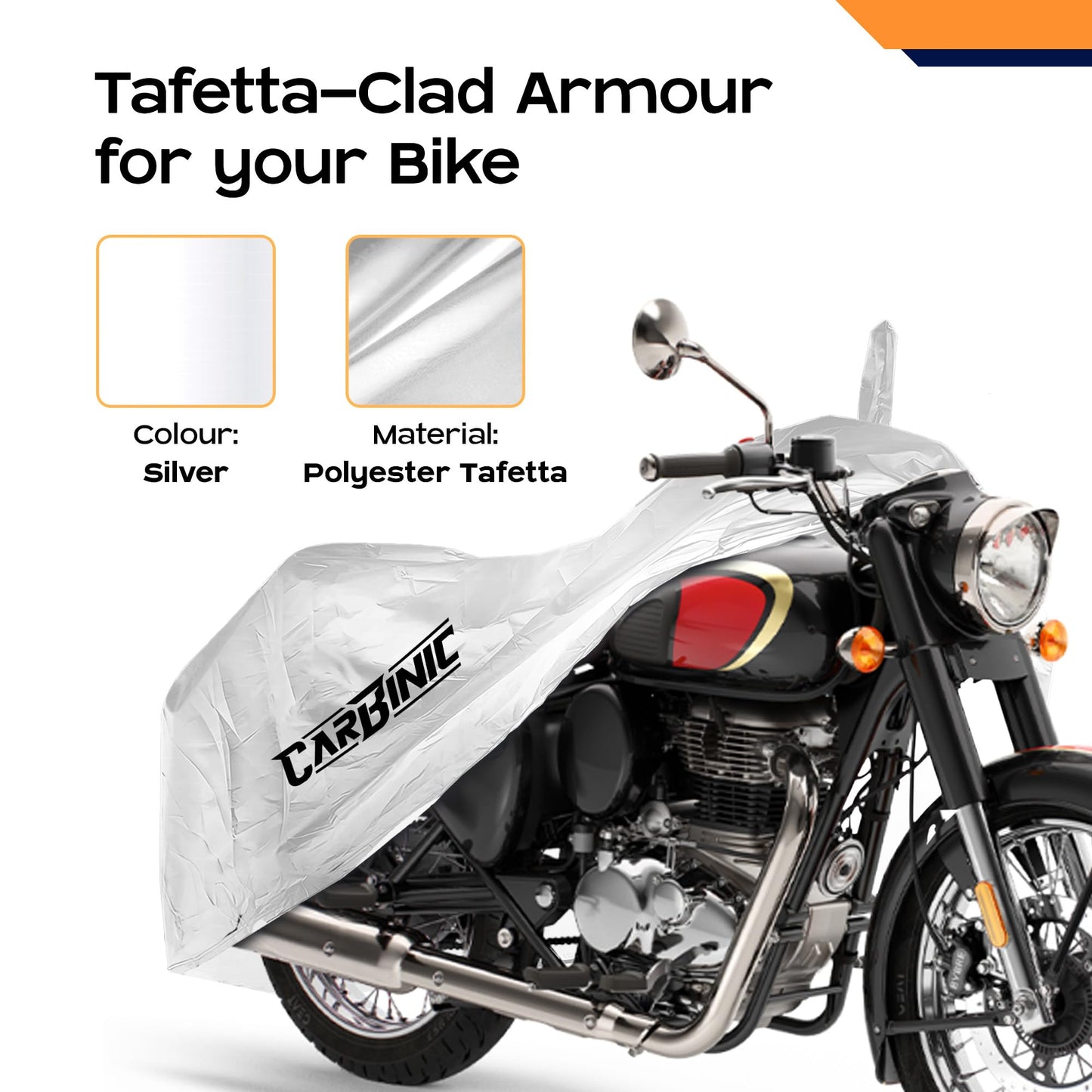 CARBINIC Water Resistant Bike Cover | Enfield Classic Kawaski Ninja KTM Suzuki Benelli | Two Wheeler Bike Cover | Dustproof Bike Accessories | UV Proof Scratchproof & Mirror Pocket | Silver