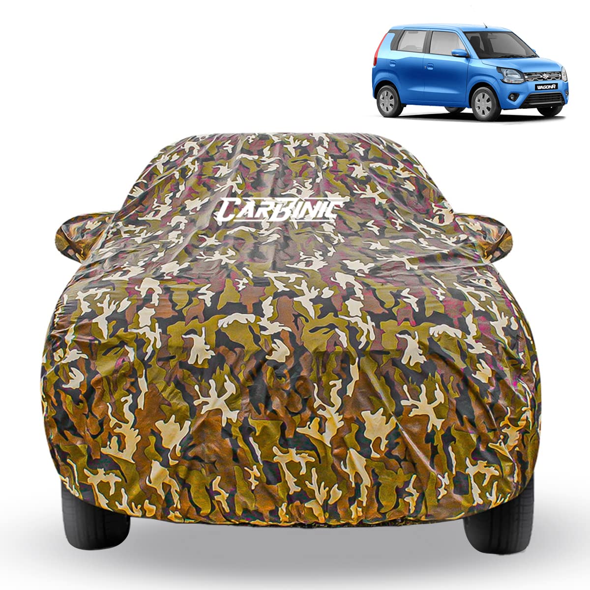 CARBINIC Car Cover for Maruti Wagon R 2019 Waterproof (Tested) and Dustproof Custom Fit UV Heat Resistant Outdoor Protection with Triple Stitched Fully Elastic Surface | Jungle with Pockets (Jungle)