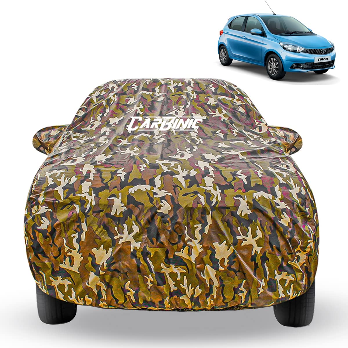 CARBINIC Waterproof Car Body Cover for Tata Tiago 2021 | Dustproof, UV Proof Car Cover | Tiago Car Accessories | Mirror Pockets & Antenna Triple Stitched | Double Layered Soft Cotton Lining, Jungle