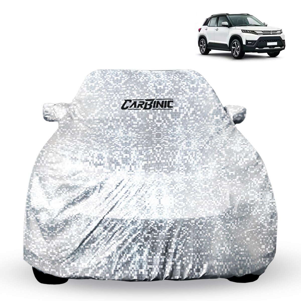 CARBINIC Car Cover for Maruti Brezza 2022 Waterproof (Tested) and Dustproof Custom Fit UV Heat Resistant Outdoor Protection with Triple Stitched Fully Elastic Surface | Jungle with Pockets (Silver)