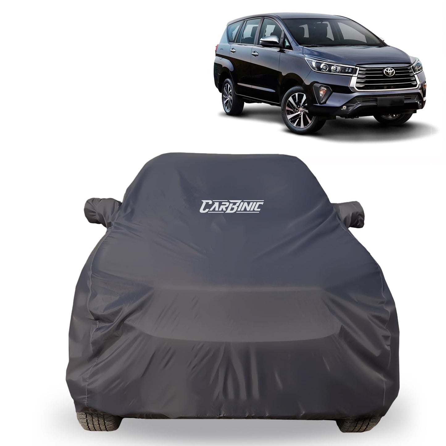 CARBINIC Car Body Cover for Toyota Innova Crysta 2021 | Water Resistant, UV Protection Car Cover | Scratchproof Body Shield | Dustproof All-Weather Cover | Mirror Pocket & Antenna | Car Accessories