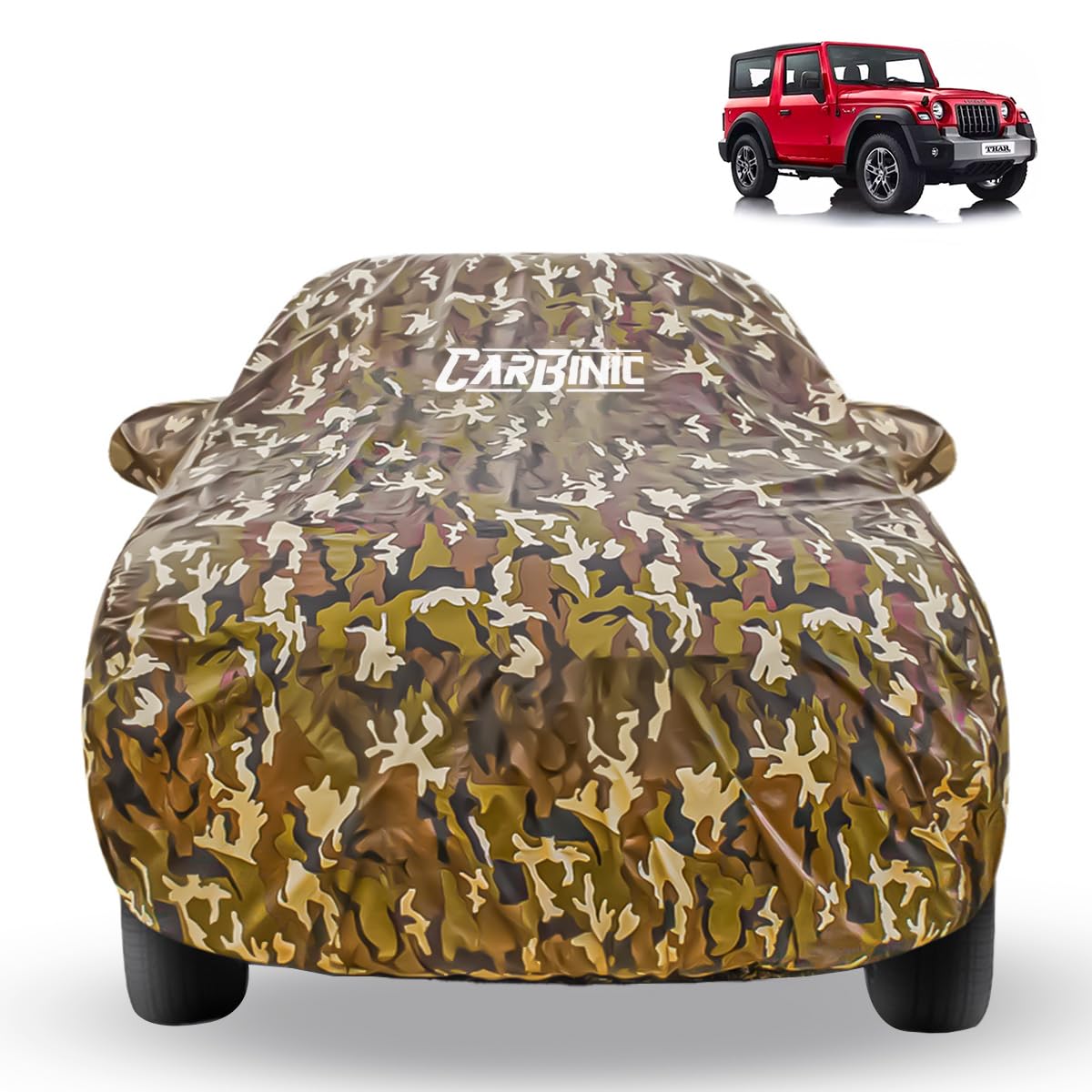 CARBINIC Waterproof Car Body Cover for Mahindra Thar 2020 | Dustproof, UV Proof Car Cover | Thar Car Accessories | Mirror Pockets & Antenna Triple Stitched | Double Layered Soft Cotton Lining, Jungle