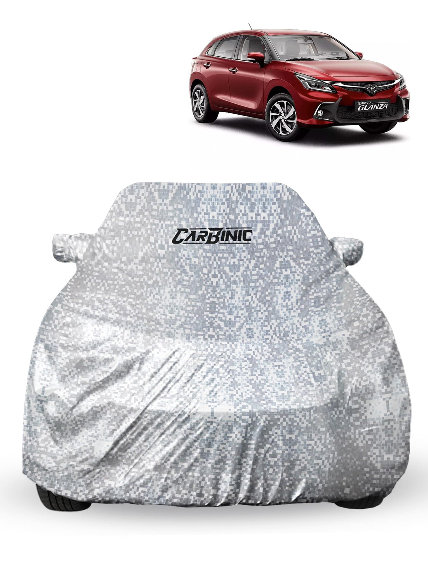 CARBINIC Car Cover for Toyota Glanza 2022 Waterproof (Tested) and Dustproof UV Heat Resistant Outdoor Protection with Triple Stitched Fully Elastic Surface