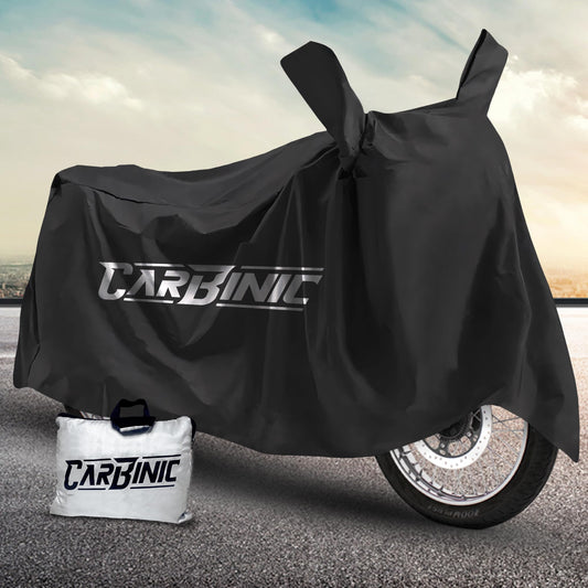 CARBINIC Water Resistant Bike Cover | Enfield Classic Kawaski Ninja KTM Suzuki Benelli | Bullet Two Wheeler Bike Cover | Dustproof Bike Accessories | UV Proof Scratchproof & Mirror Pocket | Black