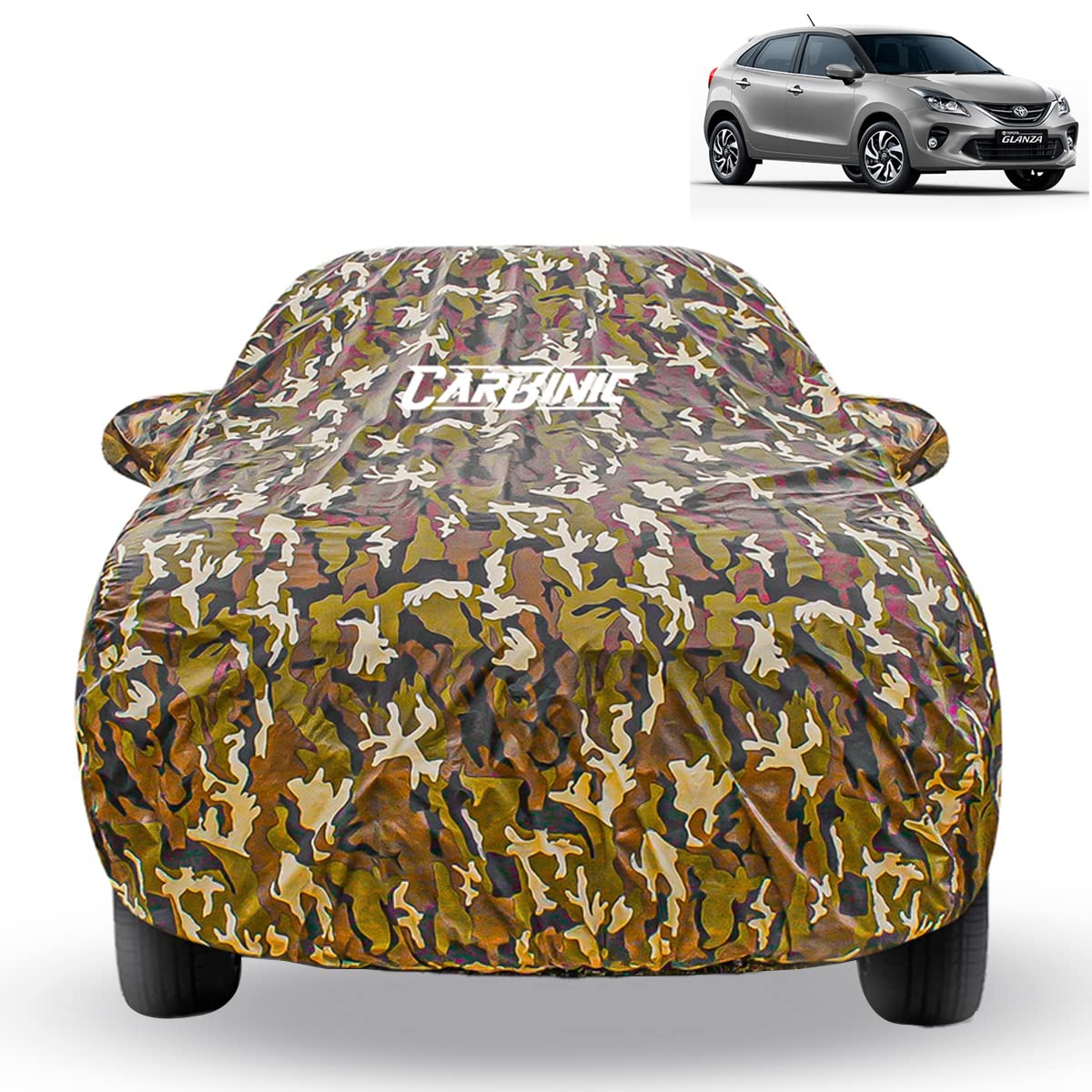 CARBINIC Car Cover for Toyota Glanza 2022 Waterproof (Tested) and Dustproof Custom Fit UV Heat Resistant Outdoor Protection with Triple Stitched Fully Elastic Surface (Jungle)