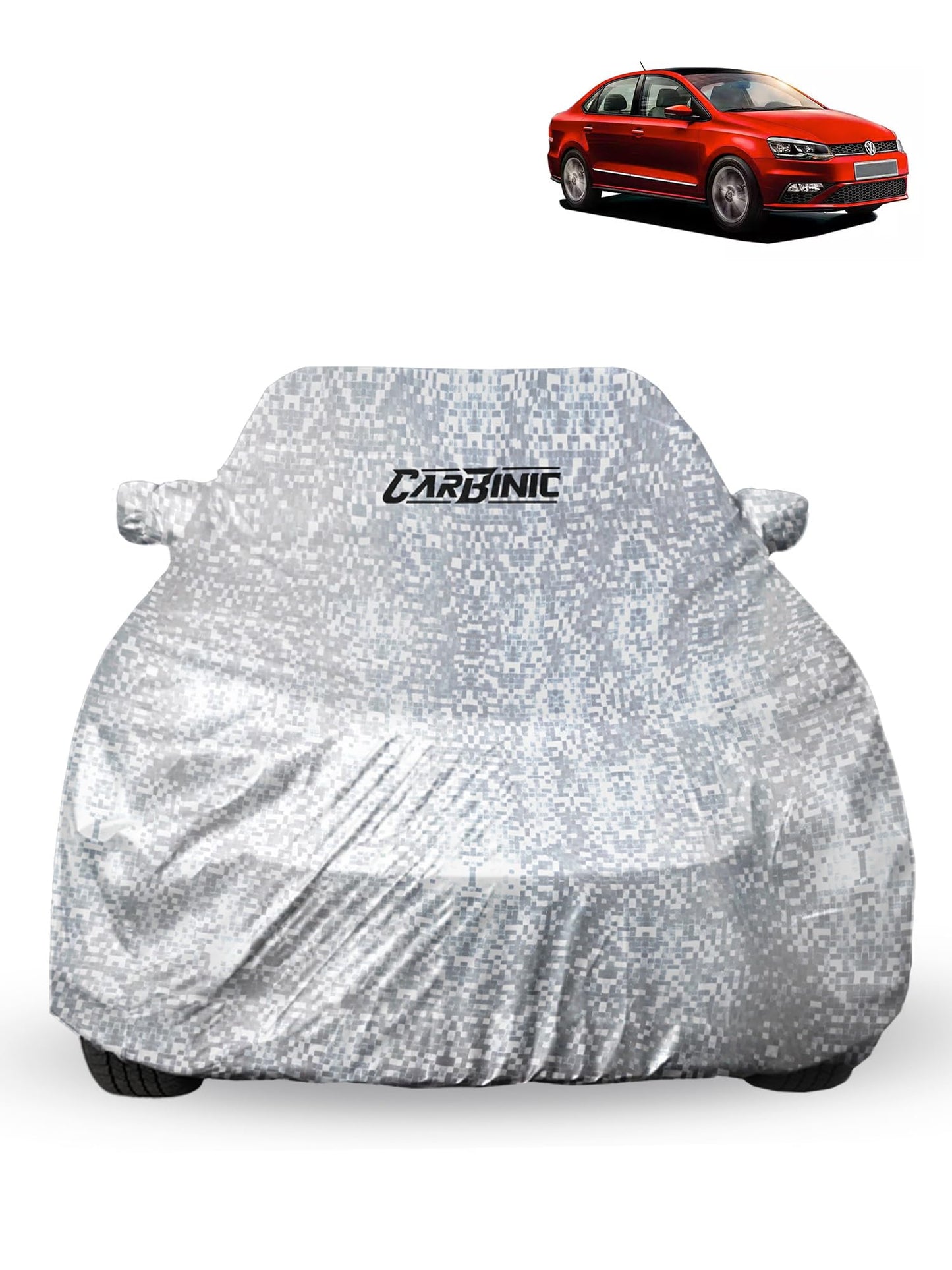 CARBINIC Waterproof Car Body Cover for Volkswagen Vento 2021 | Dustproof, UV Proof Car Cover | Car Accessories | Mirror Pockets & Antenna Triple Stitched | Double Layered Soft Cotton Lining