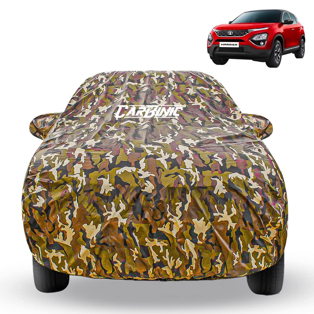 CARBINIC Car Cover for Tata Harrier 2019 Waterproof (Tested) and Dustproof Custom Fit UV Heat Resistant Outdoor Protection with Triple Stitched Fully Elastic Surface | Jungle with Pockets (Jungle)