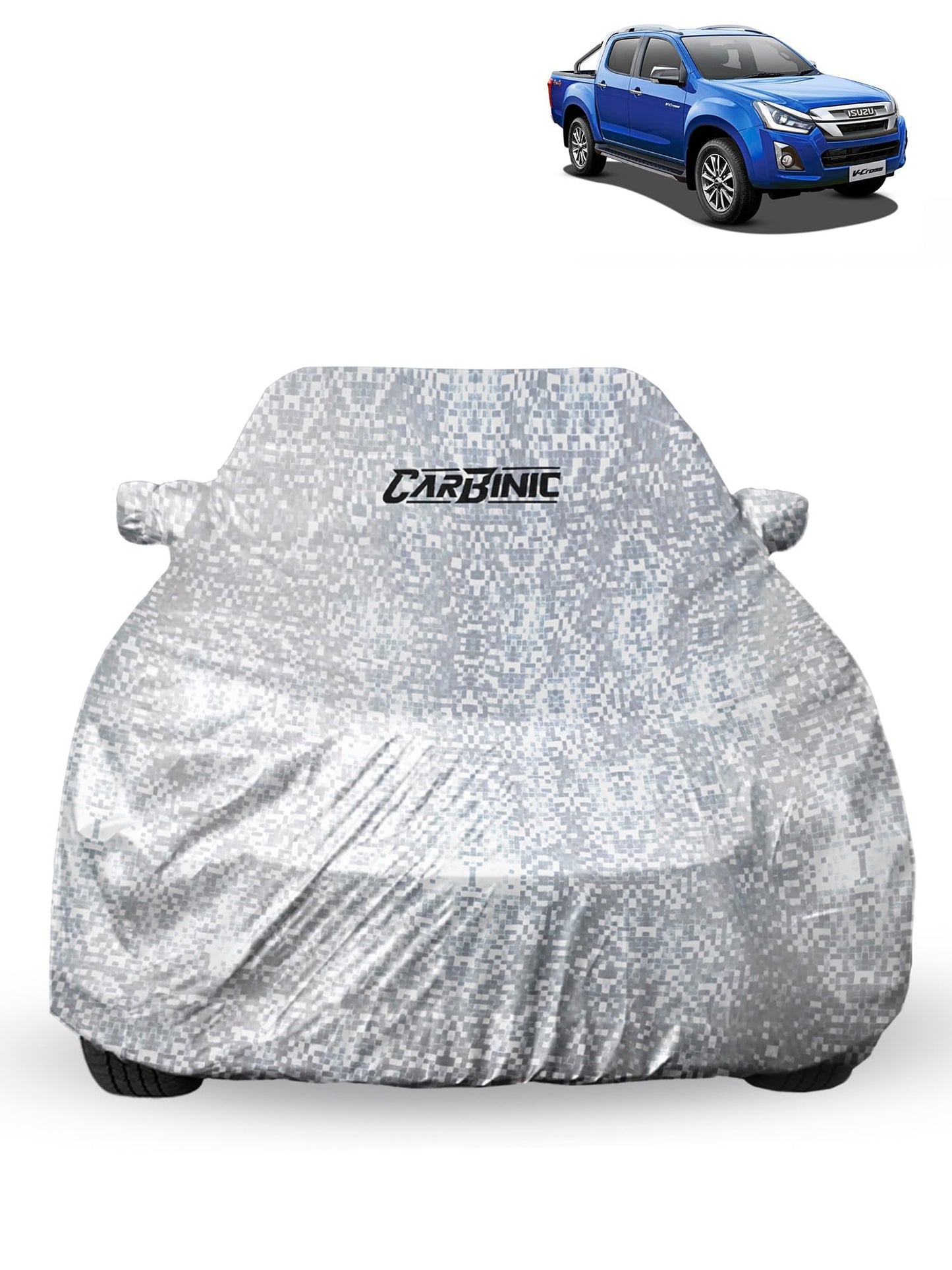 CARBINIC Waterproof Car Body Cover for Isuzu D-Max V-Cross 2021 | Dustproof, UV Proof Car Cover | Car Accessories | Mirror Pockets & Antenna Triple Stitched | Double Layered Soft Cotton Lining