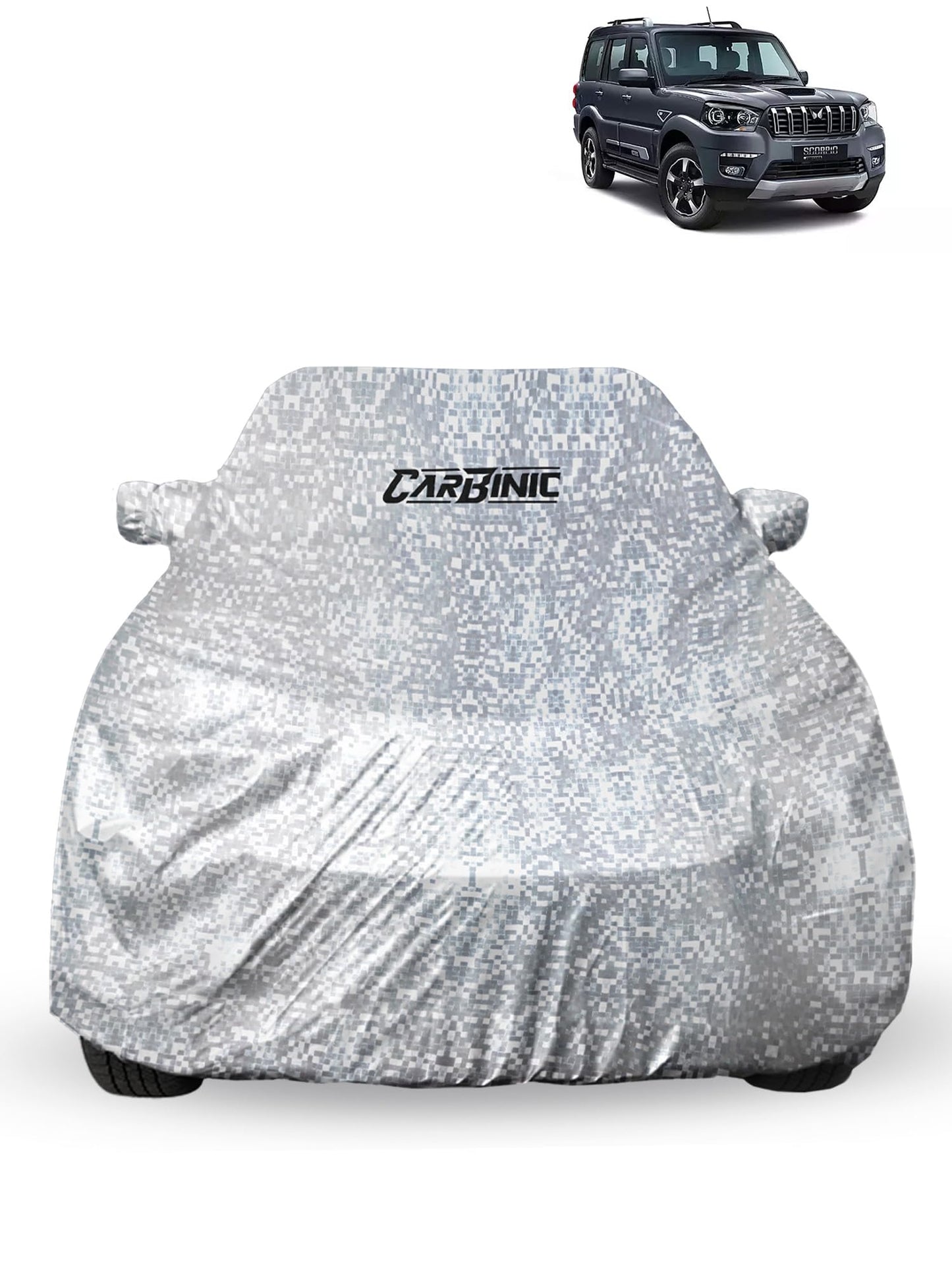 CARBINIC Waterproof Car Body Cover for Mahindra Scorpio 2022 | Dustproof, UV Proof Car Cover | Car Accessories | Mirror Pockets & Antenna Triple Stitched | Double Layered Soft Cotton Lining