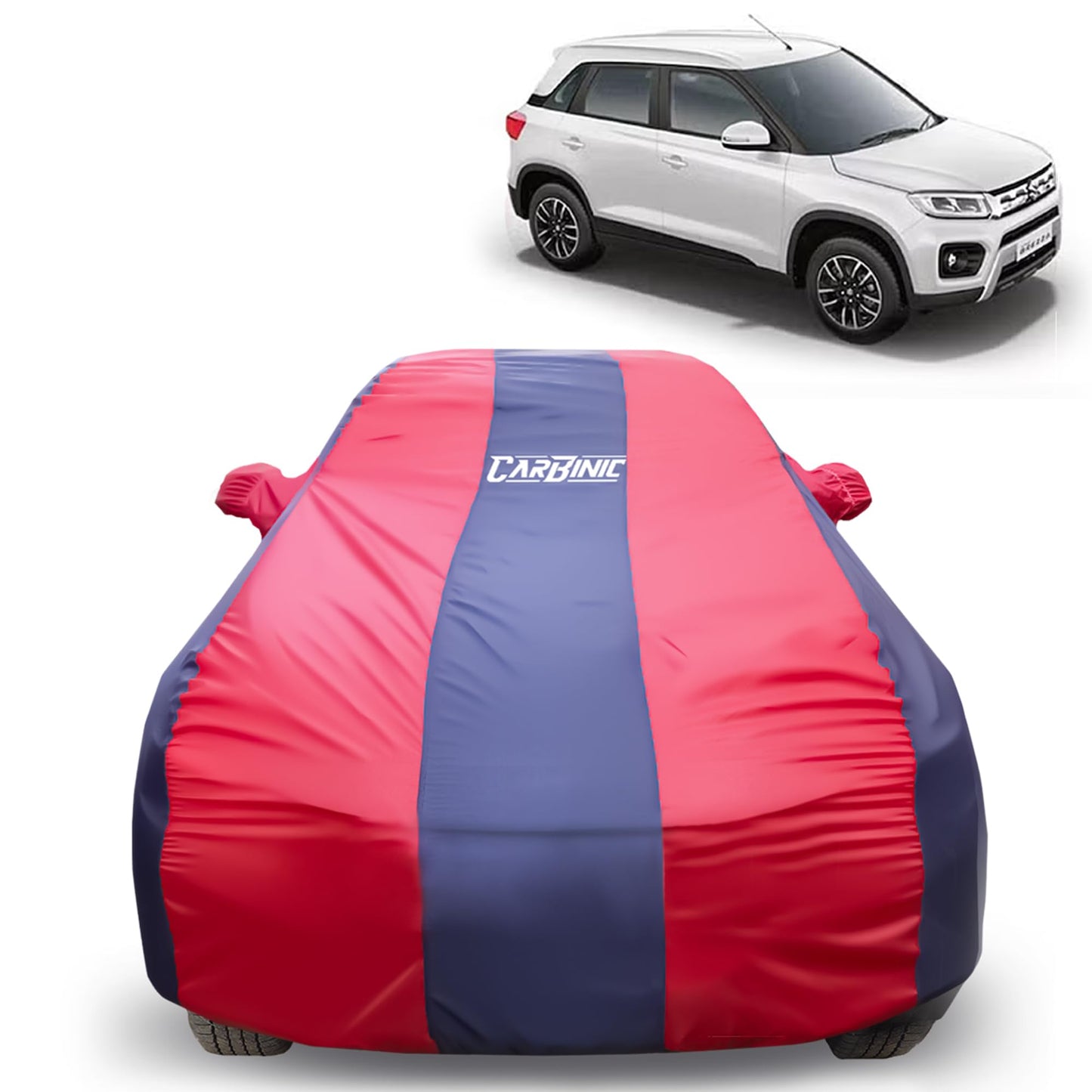 CARBINIC Car Body Cover for Maruti Brezza 2022 | Water Resistant, UV Protection Car Cover | Scratchproof Body Shield | Dustproof All-Weather Cover | Mirror Pocket & Antenna | Car Accessories, Blue Red