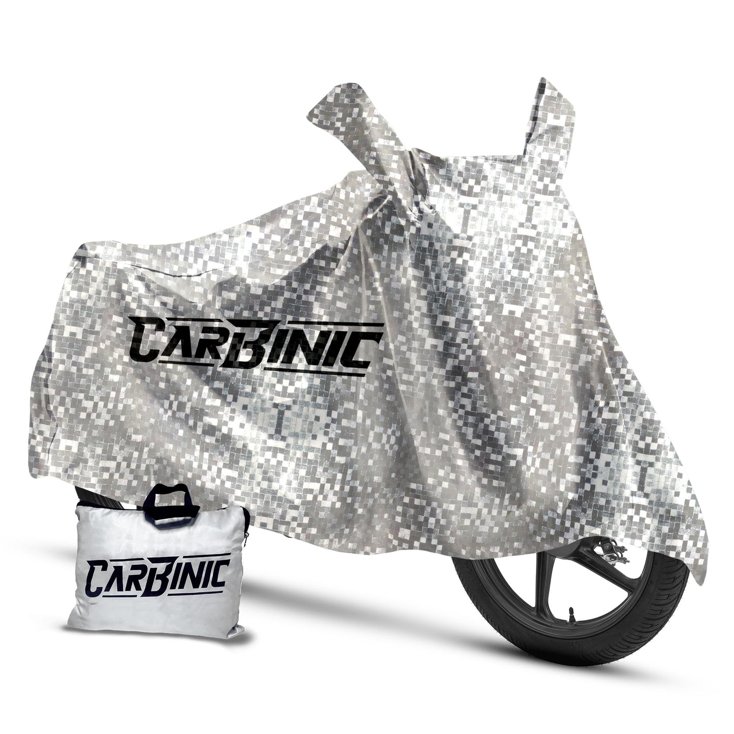 CARBINIC Waterproof Bike Cover | Yamaha Suzuki Splendor Pulsar Bike Cover | Dustproof Washable Bike Accessories | UV Proof Scratchproof with Mirror Pocket Cover | Silver