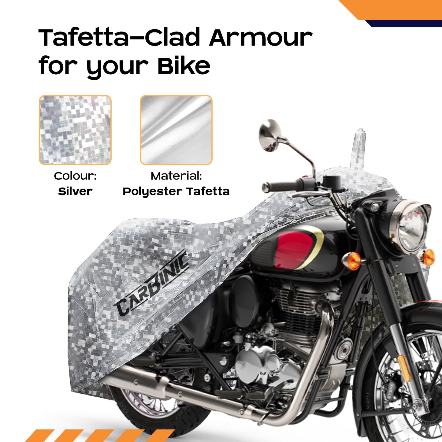 CARBINIC Waterproof Bike Cover for Enfield Classic Kawaski Ninja KTM Suzuki Benelli Bullet Two Wheeler Bike Cover Dustproof Bike Accessories Uv Proof Scratchproof with Mirror Pocket Silver