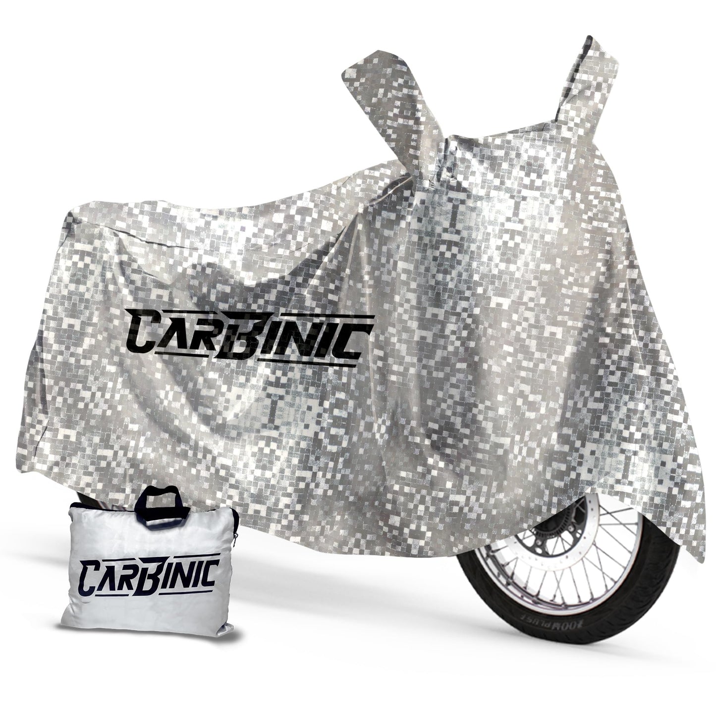 CARBINIC Waterproof Bike Cover for Enfield Classic Kawaski Ninja KTM Suzuki Benelli Bullet Two Wheeler Bike Cover Dustproof Bike Accessories Uv Proof Scratchproof with Mirror Pocket Silver