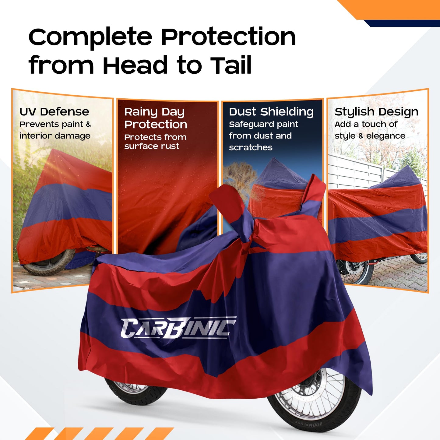 CARBINIC Water Resistant Bike Cover | Enfield Classic Kawaski Ninja KTM Suzuki Benelli | Two Wheeler Bike Cover | Dustproof Bike Accessories | UV Proof Scratchproof & Mirror Pocket | Blue & Red