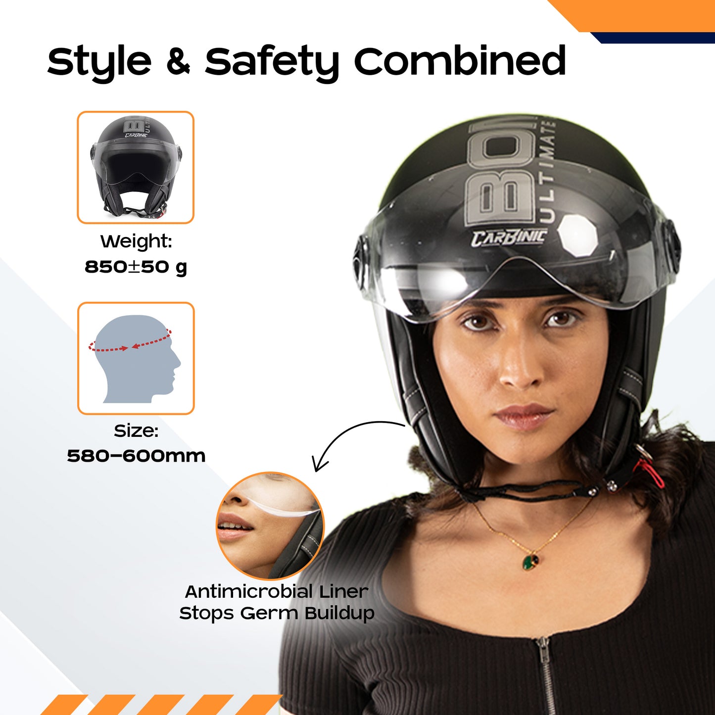 Carbinic Open Face Helmet - clear visor for visibility