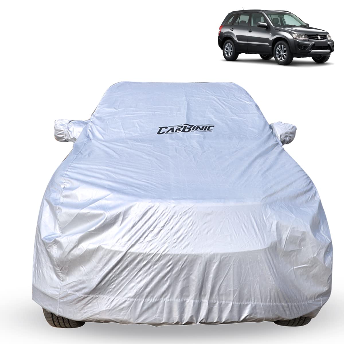 CARBINIC Car Body Cover for Maruti Grand Vitara 2022 | Water Resistant, UV Protection | Scratchproof Body Shield | Dustproof All-Weather Cover | Mirror Pocket & Antenna | Car Accessories, Silver