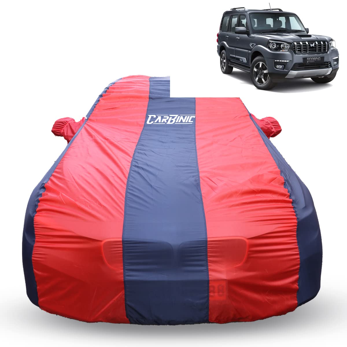 CARBINIC Car Cover for Mahindra Scorpio N 2022 Water Resistant (Tested) & Dustproof Custom Fit UV Heat Resistant Outdoor Protection with Triple Stitched Fully Elastic Surface (Blue and Red)