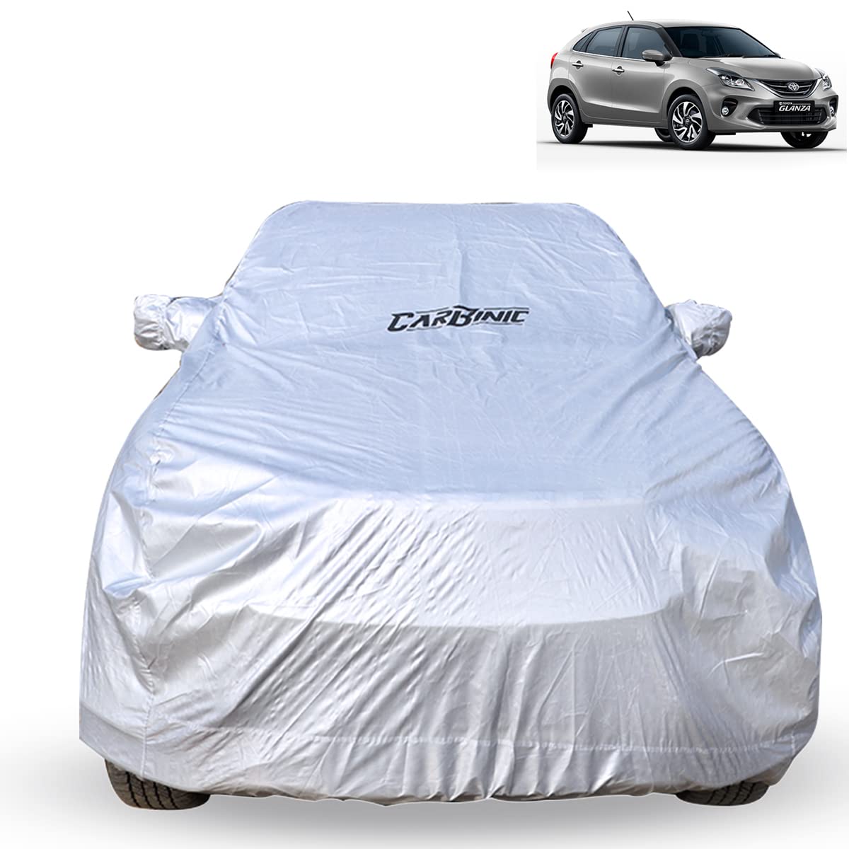 CARBINIC Car Cover for Toyota Glanza 2022 Waterproof (Tested) and Dustproof Custom Fit UV Heat Resistant Outdoor Protection with Triple Stitched Fully Elastic Surface (Silver)