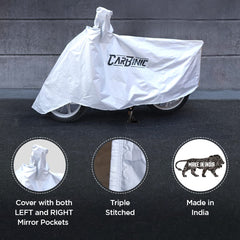 CARBINIC Water Resistant Bike Cover | Enfield Classic Kawaski Ninja KTM Suzuki Benelli | Two Wheeler Bike Cover | Dustproof Bike Accessories | UV Proof Scratchproof with Mirror Pocket | Silver