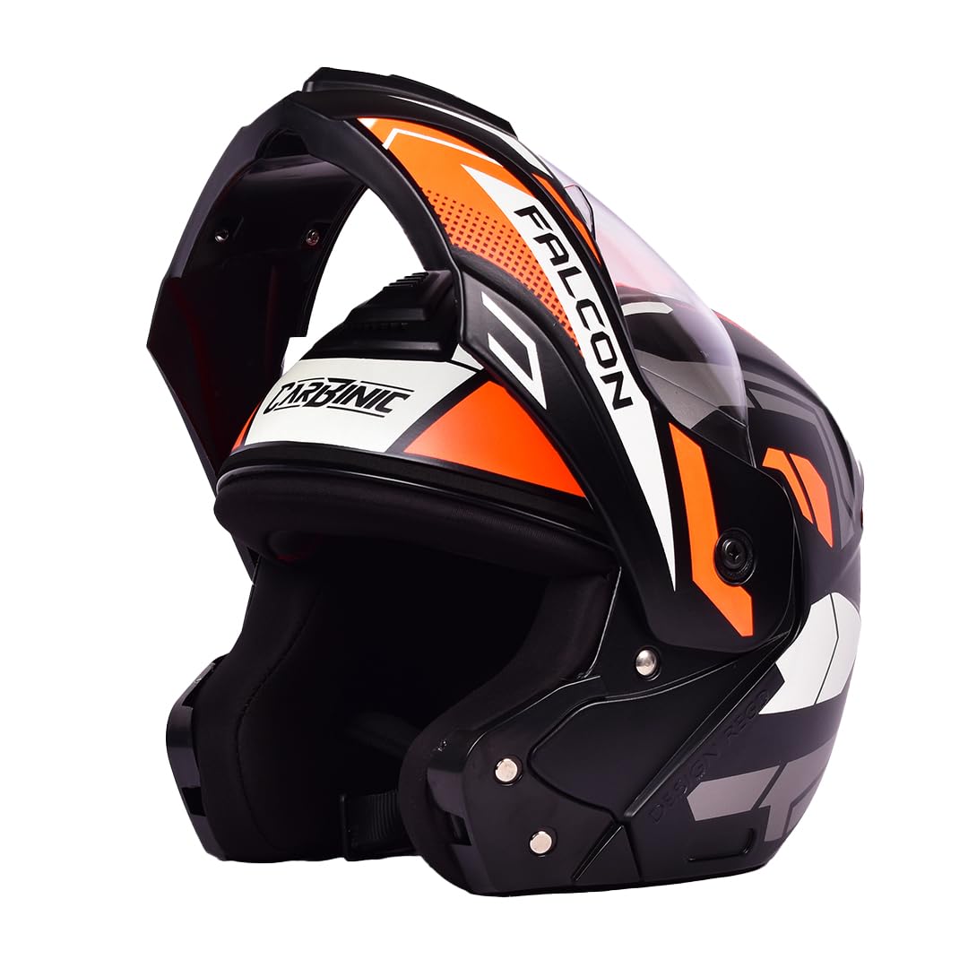 CARBINIC Falcon Series Full Face Flip-up Helmet for Men & Women | ISI Certified | Clear & Scratch Resistant Visor | Lightweight & Stylish | Large | Orange Graphic