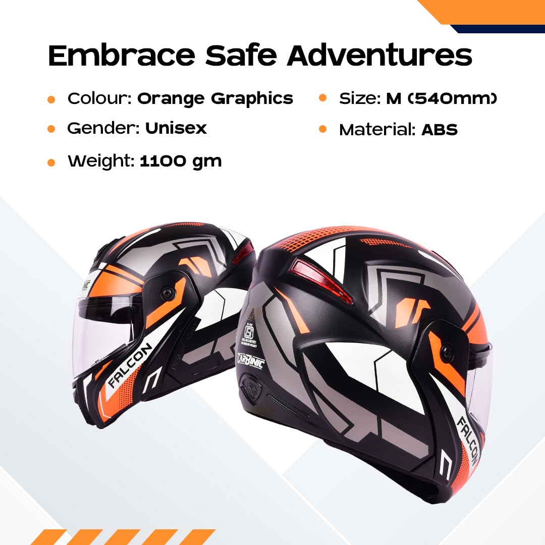 CARBINIC Falcon Series Full Face Flip-up Helmet for Men & Women | ISI Certified | Clear & Scratch Resistant Visor | Lightweight & Stylish | Large | Orange Graphic