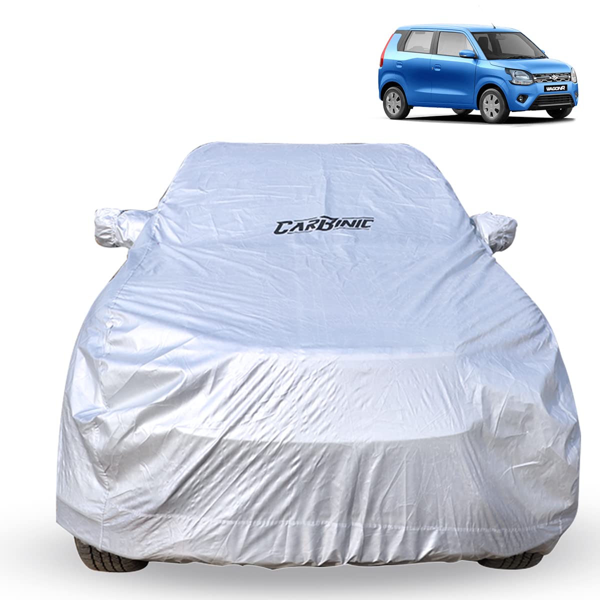 CARBINIC Car Cover for Maruti Wagon R 2019 Waterproof (Tested) and Dustproof Custom Fit UV Heat Resistant Outdoor Protection with Triple Stitched Fully Elastic Surface | Jungle with Pockets (Silver)