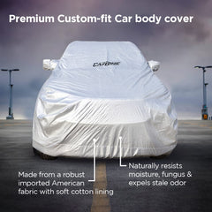 CARBINIC Car Cover for Maruti Brezza 2022 Waterproof (Tested) and Dustproof Custom Fit UV Heat Resistant Outdoor Protection with Triple Stitched Fully Elastic Surface | Jungle with Pockets (Silver)