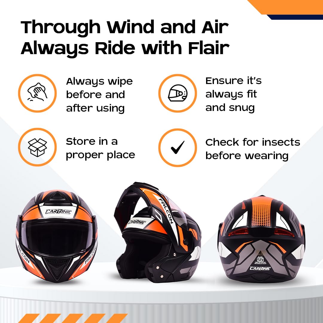 CARBINIC Falcon Series Full Face Flip-up Helmet for Men & Women | ISI Certified | Clear & Scratch Resistant Visor | Lightweight & Stylish | Large | Orange Graphic