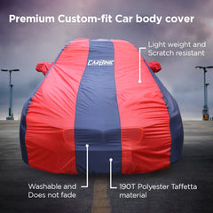 CarBinic Car Cover for Skoda Slavia 2022 Water Resistant (Tested) & Dustproof Custom Fit UV Heat Resistant Outdoor Protection with Triple Stitched Fully Elastic Surface | Blue&Red with Pockets