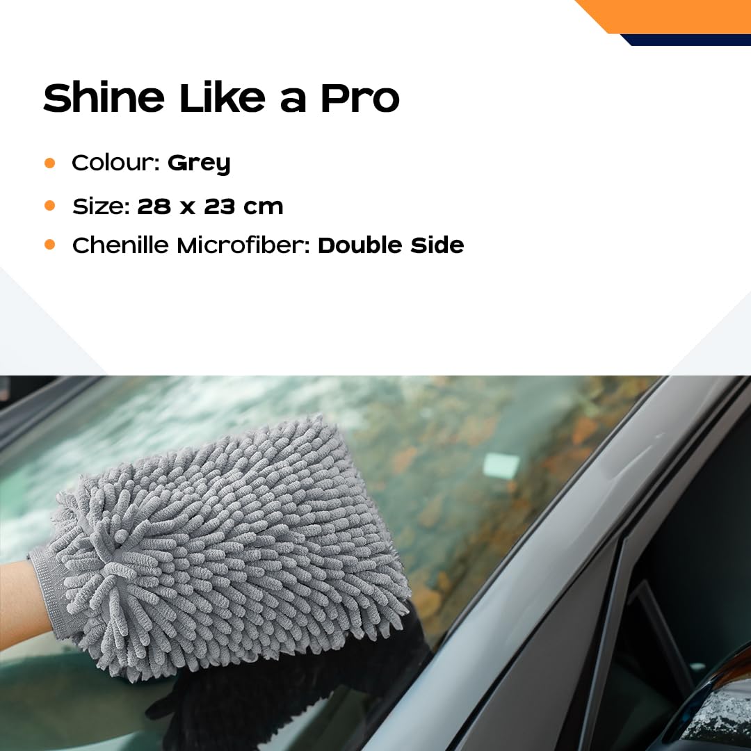 CARBINIC Microfiber Double-Sided Chenille Wash Mitt 1000 GSM - Super Soft, Ultra-Absorbent, Multipurpose and Double Sided Dusting Gloves for Car Cleaning | Home Cleaning, Windows and Kitchen (Grey)