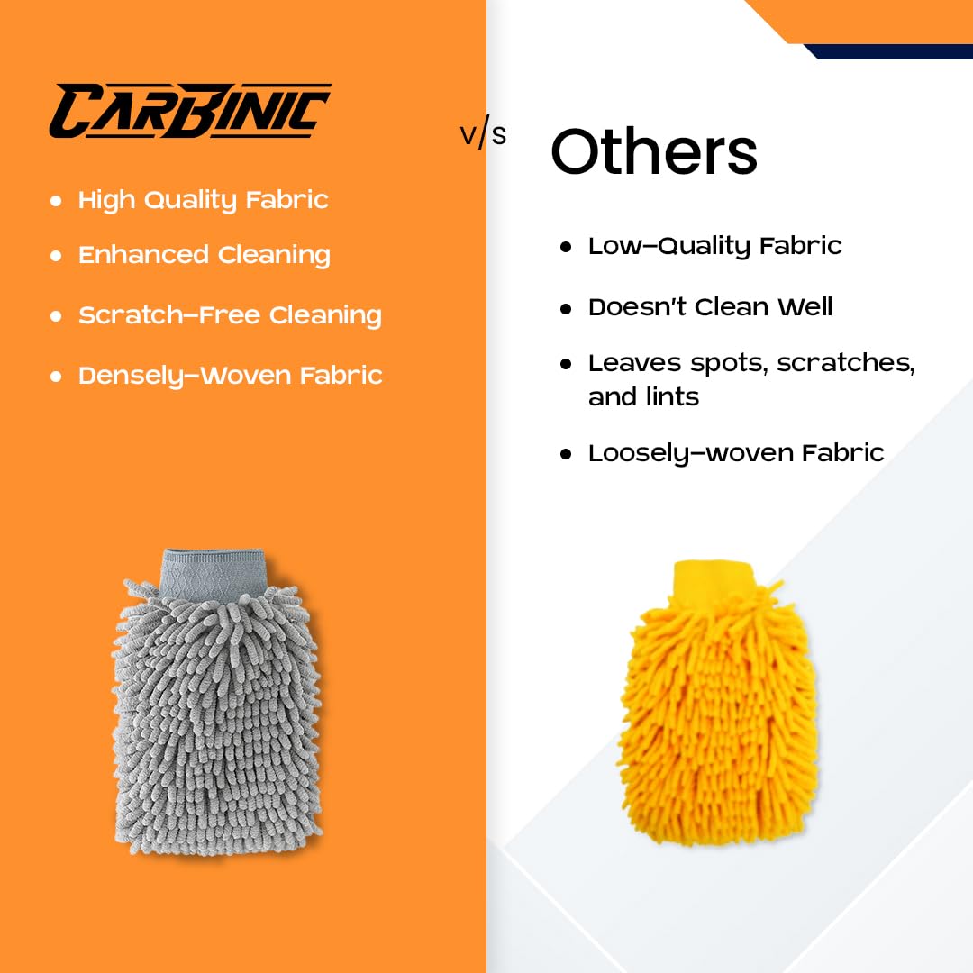 CARBINIC Microfiber Double-Sided Chenille Wash Mitt 1000 GSM - Super Soft, Ultra-Absorbent, Multipurpose and Double Sided Dusting Gloves for Car Cleaning | Home Cleaning, Windows and Kitchen (Grey)