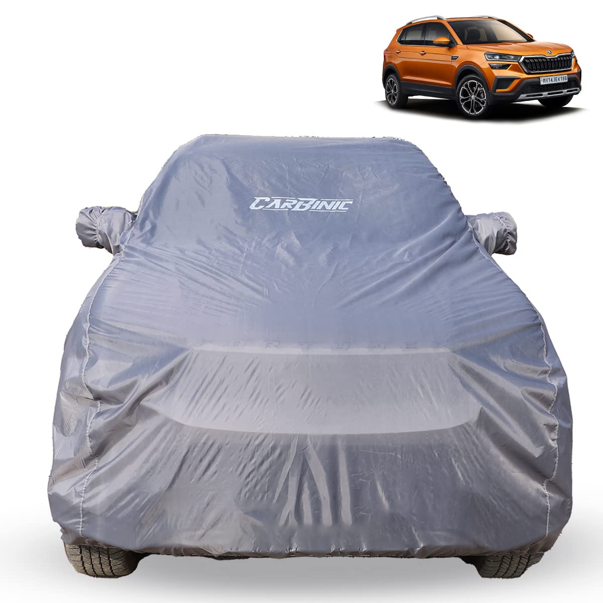 CARBINIC Car Body Cover for Skoda Kushaq 2021 | Water Resistant, UV Protection Car Cover | Scratchproof Body Shield | Dustproof All-Weather Cover | Mirror Pocket & Antenna | Car Accessories, Grey