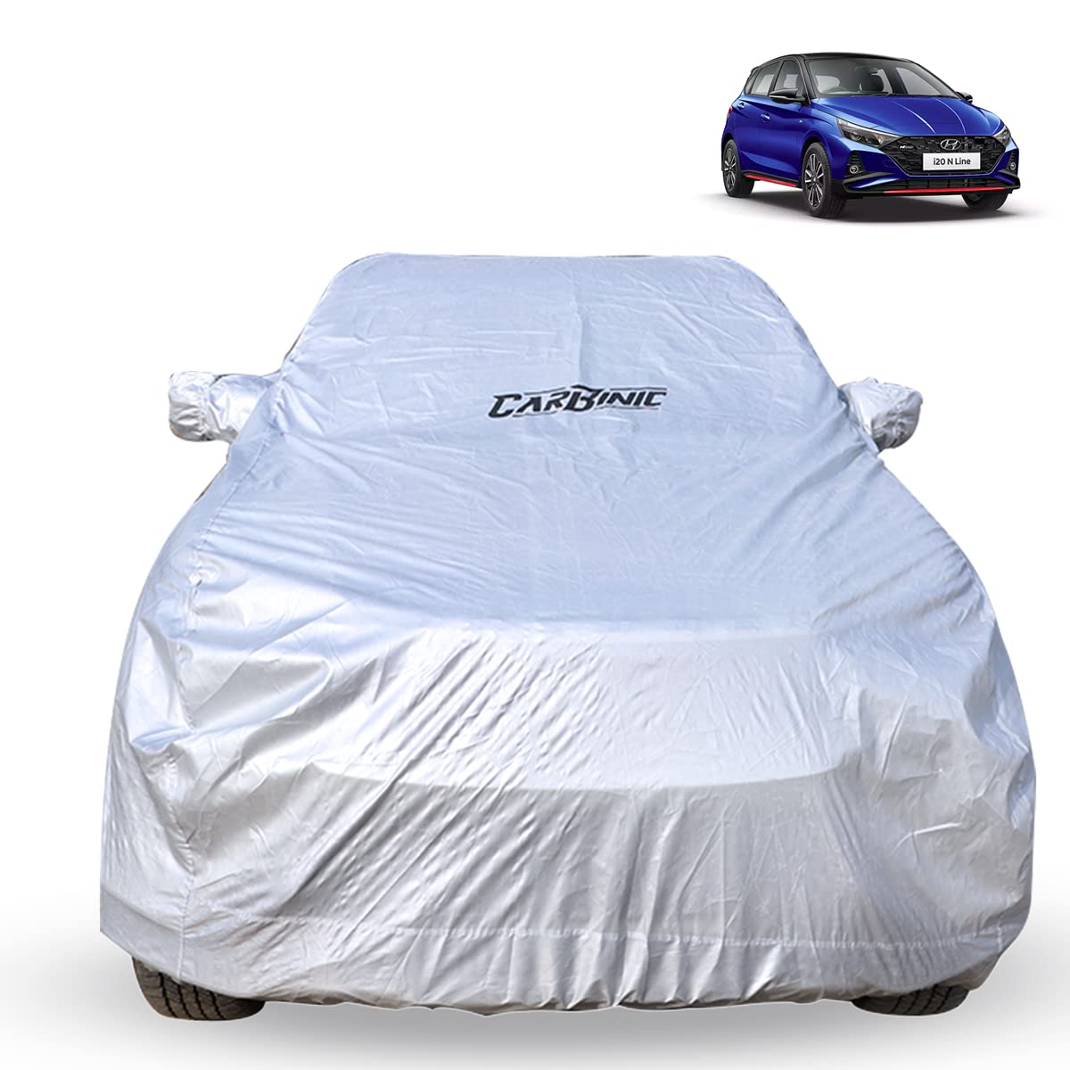CARBINIC Car Body Cover for Hyundai Elite i20 | Water Resistant, UV Protection Car Cover | Scratchproof Body Shield | Dustproof All-Weather Cover | Mirror Pocket & Antenna | Car Accessories, Silver