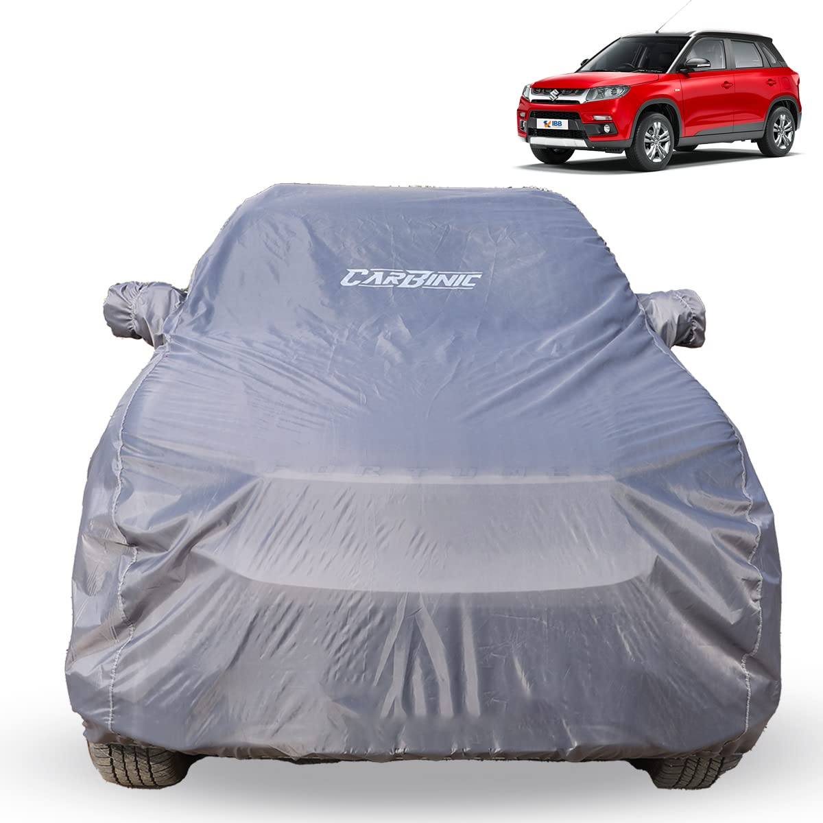 CARBINIC Car Body Cover for Maruti Brezza 2022 | Water Resistant, UV Protection Car Cover | Scratchproof Body Shield | Dustproof All-Weather Cover | Mirror Pocket & Antenna | Car Accessories, Grey