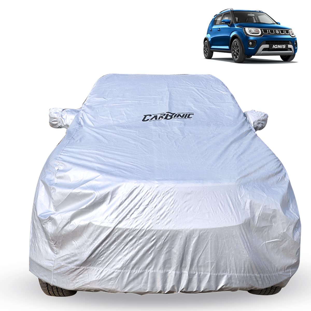CARBINIC Car Body Cover for Maruti Ignis 2017 | Water Resistant, UV Protection Car Cover | Scratchproof Body Shield | Dustproof All-Weather Cover | Mirror Pocket & Antenna | Car Accessories, Silver