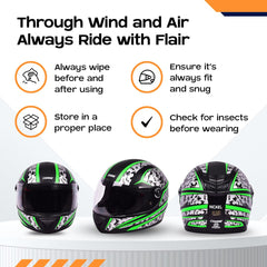 CARBINIC Nickel Series Full Face Helmet for Men & Women | ISI Certified | Clear & Scratch Resistant Visor | Lightweight & Stylish | Medium | Green Graphic