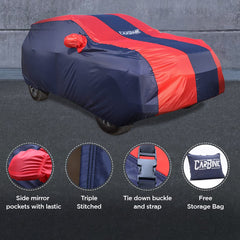 CarBinic Car Cover for Maruti Brezza 2022 Water Resistant (Tested) and Dustproof Custom Fit UV Heat Resistant Outdoor Protection with Triple Stitched Fully Elastic Surface | Blue&Red with Pockets