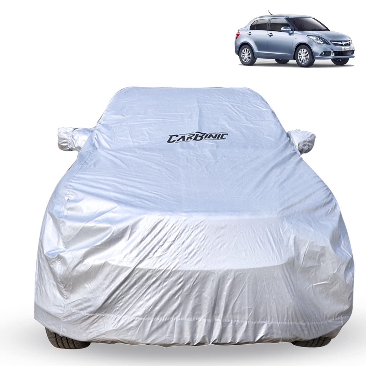 CARBINIC Car Body Cover for Maruti Swift Dzire 2017 | Water Resistant, UV Protection Car Cover | Scratchproof Body Shield | Dustproof All-Weather | Mirror Pocket & Antenna | Car Accessories, Silver