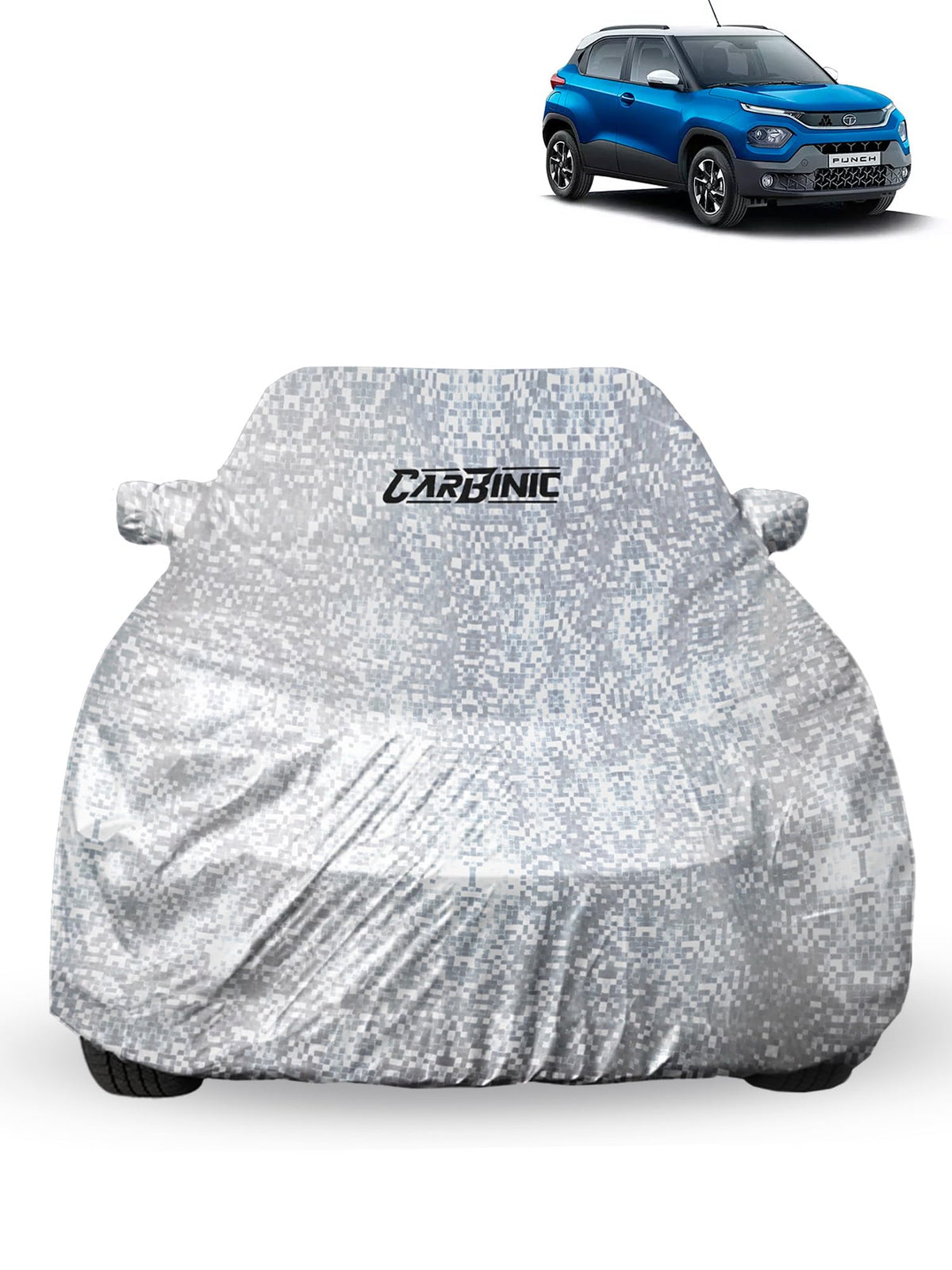 CARBINIC Car Cover for Tata Punch2021 Waterproof (Tested) and Dustproof Custom Fit UV Heat Resistant Outdoor Protection with Triple Stitched Fully Elastic Surface | Silver with Pockets