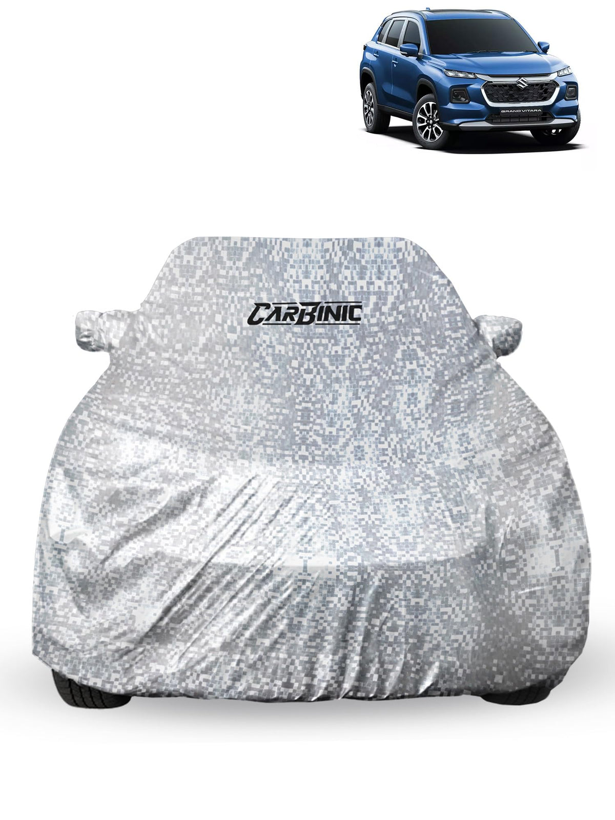 CARBINIC Car Cover for Maruti Suzuki Grand Vitara2022 Waterproof (Tested) and Dustproof Custom Fit UV Heat Resistant Outdoor Protection with Triple Stitched Fully Elastic Surface | Silver with Pockets