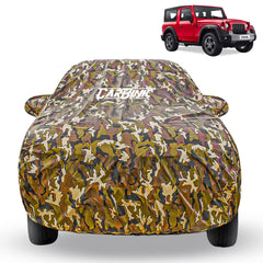 CarBinic Car Cover for Mahindra Thar 2020 Waterproof (Tested) and Dustproof Custom Fit UV Heat Resistant Outdoor Protection with Triple Stitched Fully Elastic Surface | Jungle with Pockets