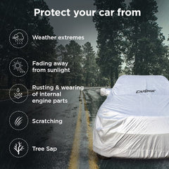 CarBinic Car Cover for Toyota Innova Crysta 2021 Water Resistant (Tested) And Dustproof Custom Fit UV Heat Resistant Outdoor Protection With Triple Stitched Fully Elastic Surface | Silver With Pockets