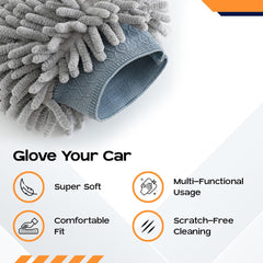 CARBINIC Microfiber Double-Sided Chenille Wash Mitt 1000 GSM - Super Soft, Ultra-Absorbent, Multipurpose Gloves for Car Cleaning | Home Cleaning, Windows and Kitchen (Grey) (Pack of 2, Grey)