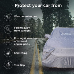 CarBinic Car Cover for Nissan Magnite 2022 Water Resistant (Tested) and Dustproof Custom Fit UV Heat Resistant Outdoor Protection with Triple Stitched Fully Elastic Surface | Grey with Pockets