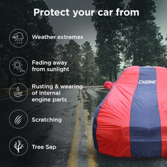 CarBinic Car Cover for Maruti Brezza 2022 Water Resistant (Tested) and Dustproof Custom Fit UV Heat Resistant Outdoor Protection with Triple Stitched Fully Elastic Surface | Blue&Red with Pockets