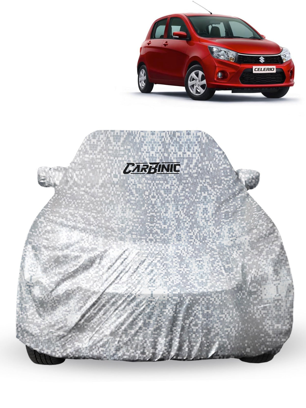 CARBINIC Car Cover for Maruti Celerio2021 Waterproof (Tested) and Dustproof Custom Fit UV Heat Resistant Outdoor Protection with Triple Stitched Fully Elastic Surface | Silver with Pockets