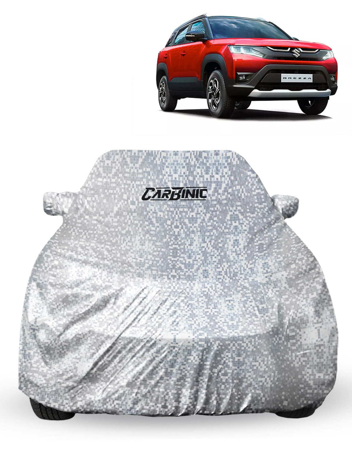 CARBINIC Car Cover for Maruti Brezza2022 Waterproof (Tested) and Dustproof Custom Fit UV Heat Resistant Outdoor Protection with Triple Stitched Fully Elastic Surface | Silver with Pockets