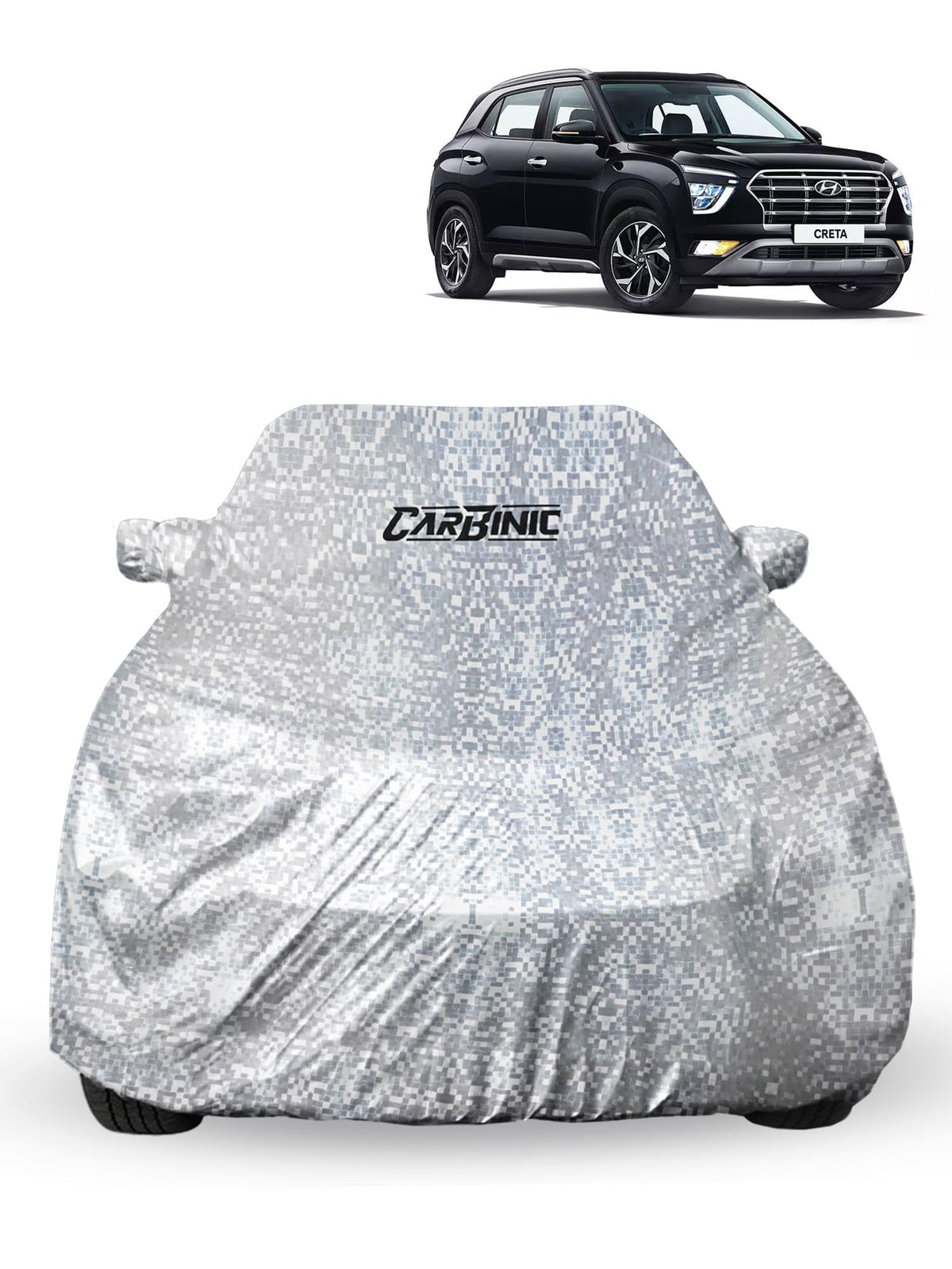 CARBINIC Car Cover for Hyundai Creta2022 Waterproof (Tested) and Dustproof Custom Fit UV Heat Resistant Outdoor Protection with Triple Stitched Fully Elastic Surface | Silver with Pockets