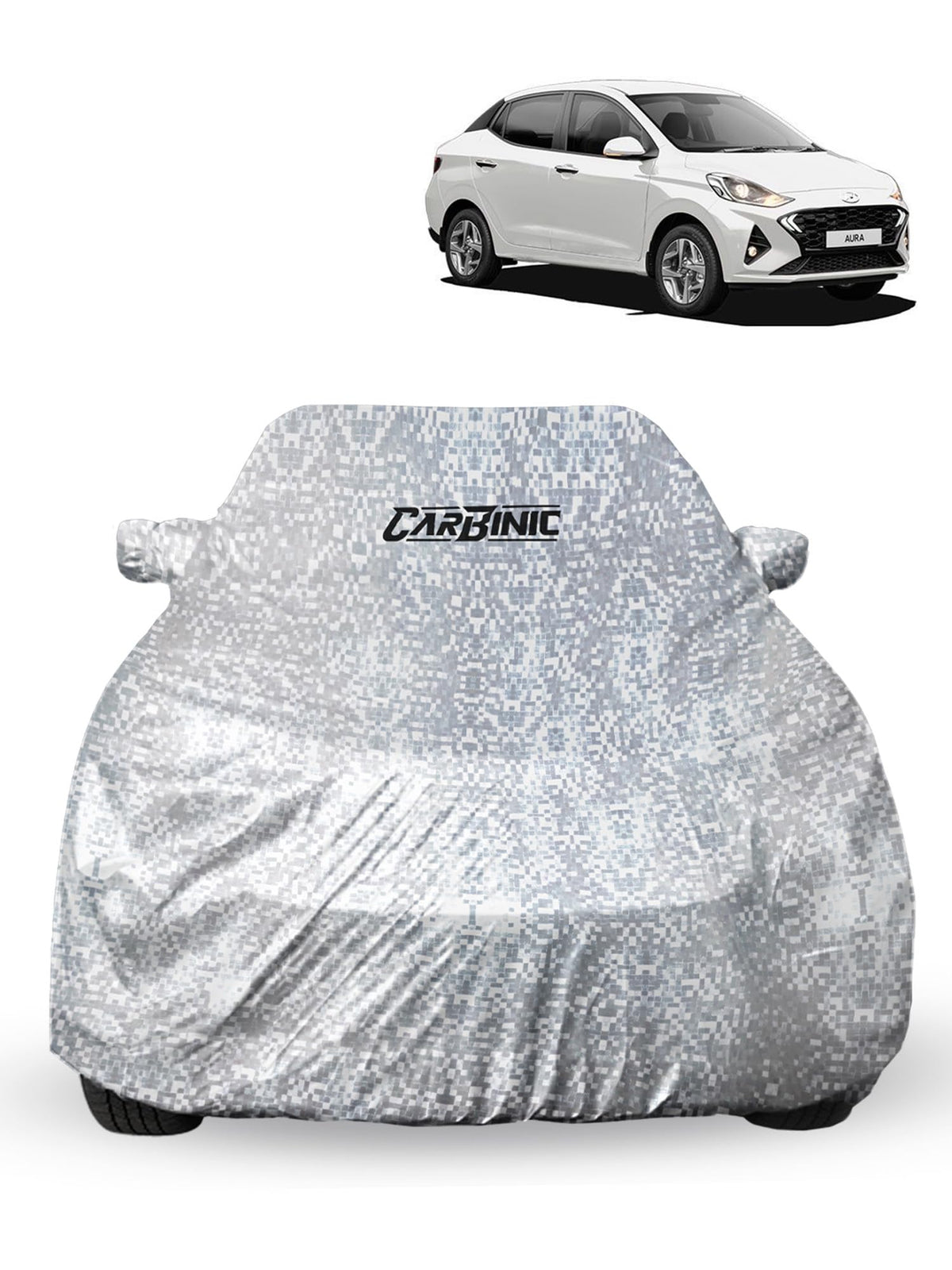 CARBINIC Car Cover for Hyundai Aura2020 Waterproof (Tested) and Dustproof Custom Fit UV Heat Resistant Outdoor Protection with Triple Stitched Fully Elastic Surface | Silver with Pockets